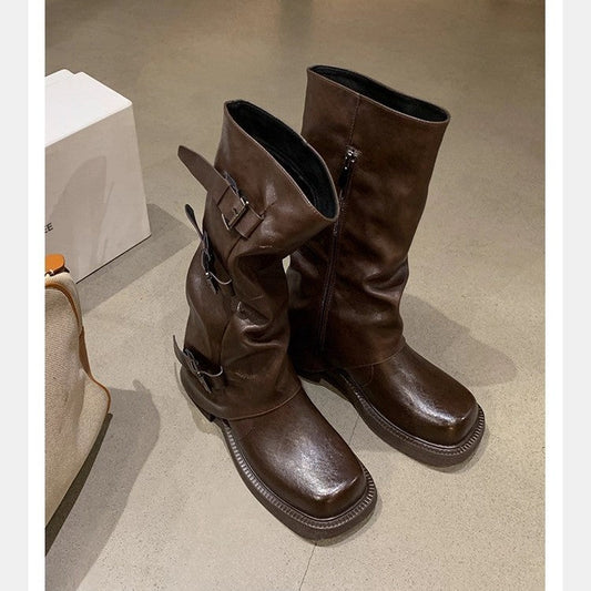 Mom Height Increasing Fashionable Belt Buckle Head Pleated Boots