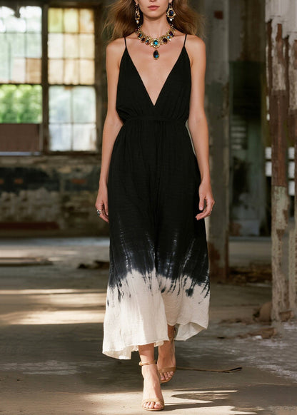 French Gradient Black V Neck Cotton Cami Dresses Summer