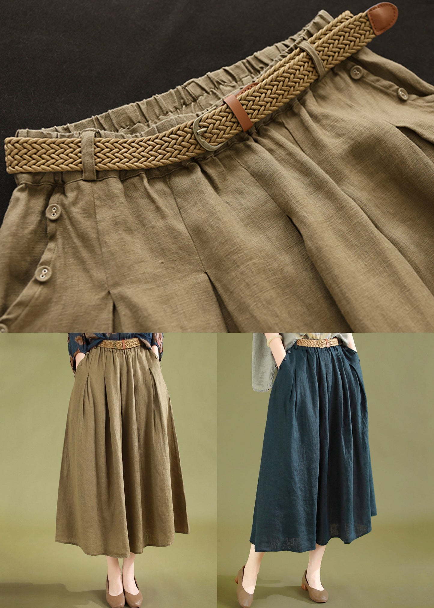 Khaki Pockets High Waist Linen Skirts Summer