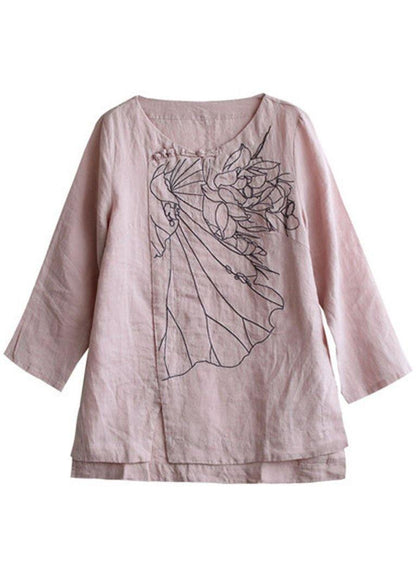 Pink O-neck Button Embroideried Fall Linen Long Sleeve Top