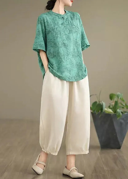 New Retro Green Print Cotton Oriental Tops Summer