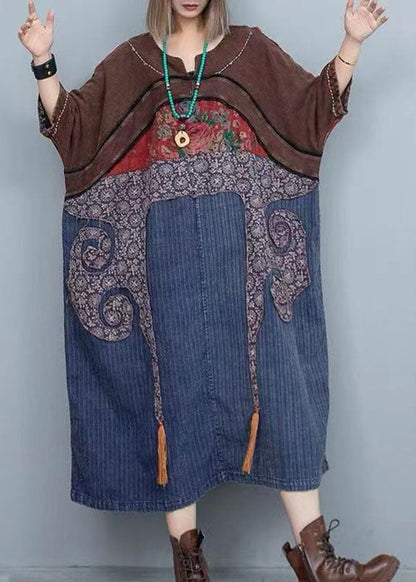 Colorblock Print Patchwork Denim Maxi Dresses Long Sleeve