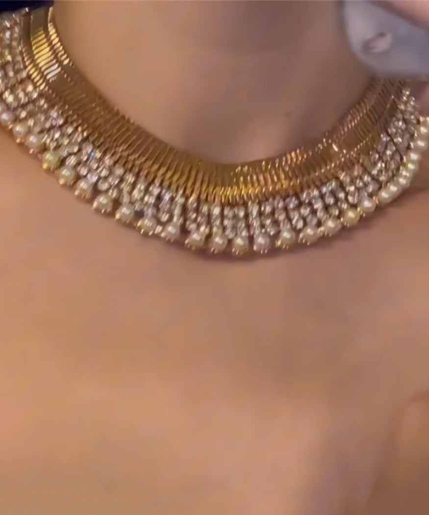 Gold Copper Alloy Zircon Pearl Gratuated Bead Necklace