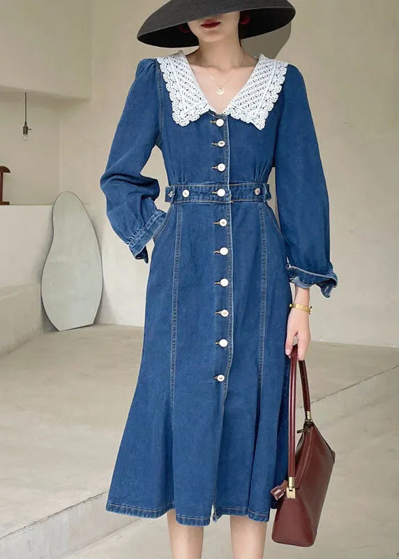 Dark Blue Slim Fit Button Denim Dress Spring