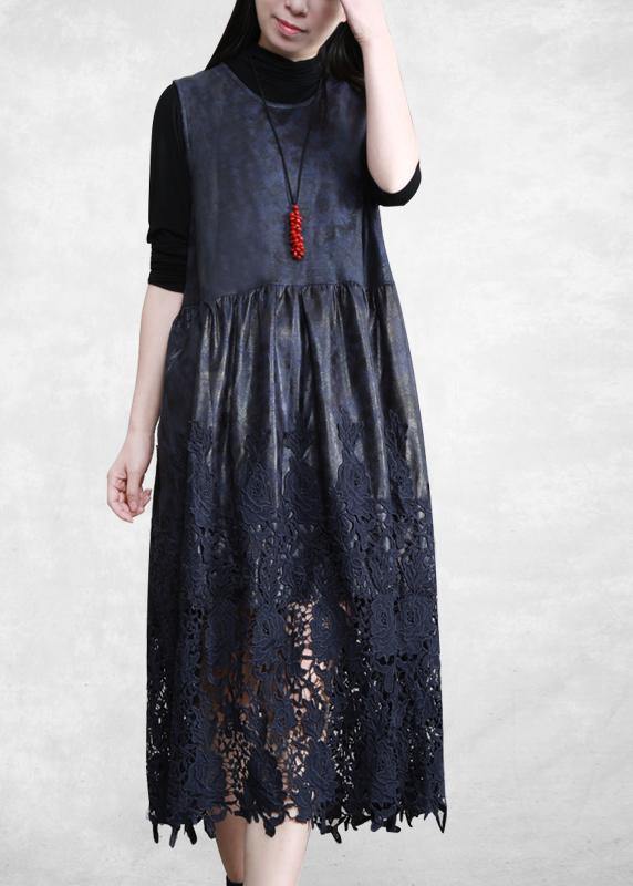 100% Hollow Out Patchwork Dresses Lnspiration Dark Blue Maxi Dress Fall