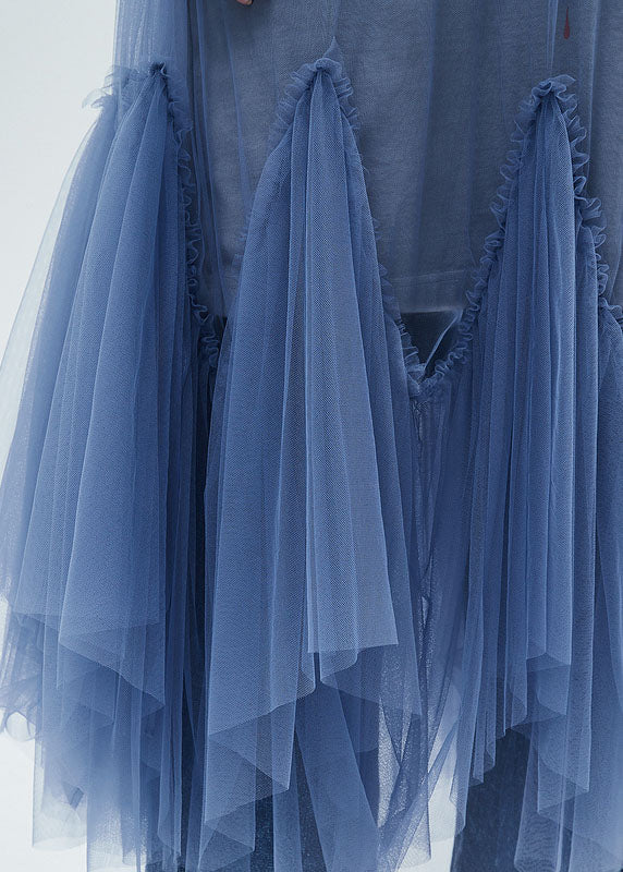 Blue O-neck Patchwork Tulle Maxi Dresses Half Sleeve Summer