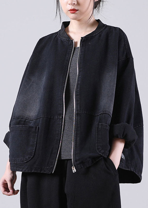 Loose Black Zippered Pockets Patchwork Fall Denim Long Sleeve Coat