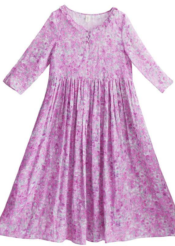 Purple Print Quilting Dresses O Neck Ruffles Maxi Summer Dress