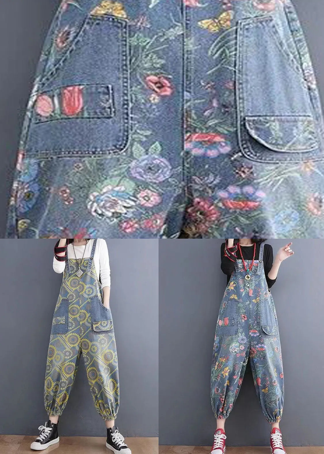Handmade Yellow Print Denim Spaghetti Strap Jumpsuits Spring