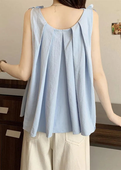 Blue Decorated Cotton Tanks Oversized Sleeveless
