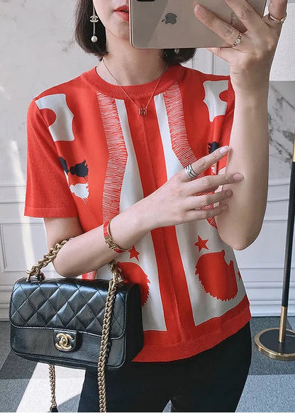 Red O-neck Print Silk Patchwork Knit Top Short Sleeve