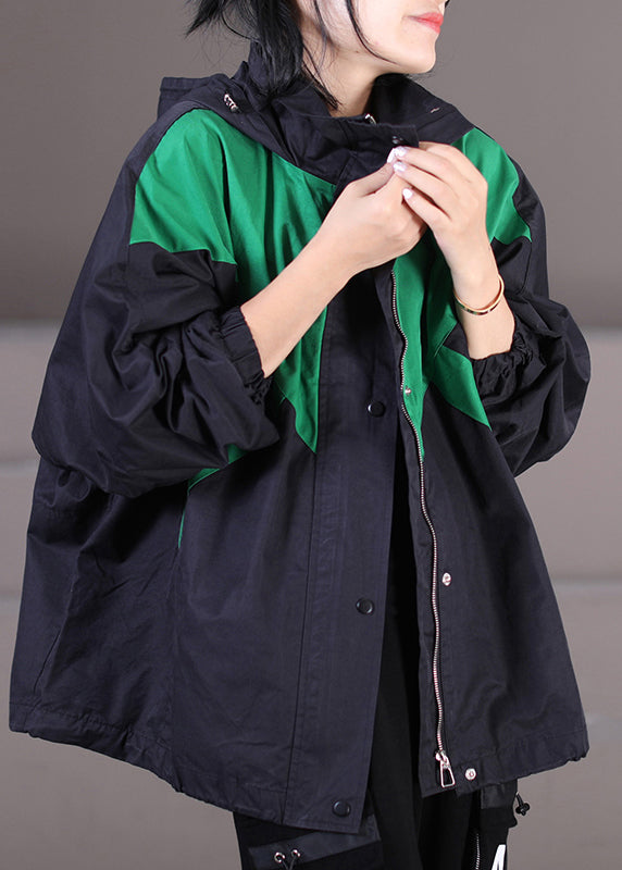 Black Drawstring Patchwork Zippered Button Hooded Trench Coats Fall