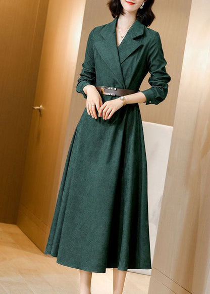 Green Notched Collar Sashes Slim Fit Corduroy Maxi Dresses Spring