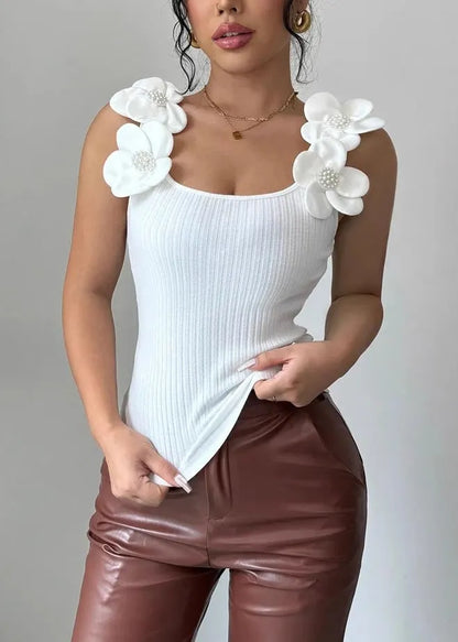 White Decorated Silm Vests Summer