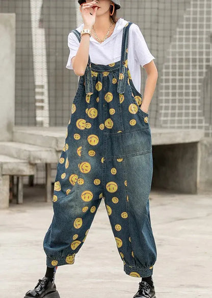 Blue Smile Print Patchwork Pockets Denim Jumpsuit Sleeveless