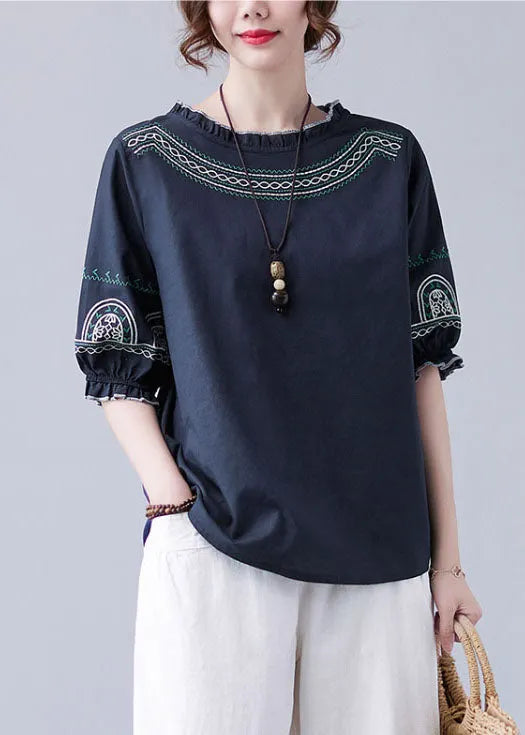 Navy Original Design Ruffled Embroideried Cotton Top Lantern Sleeve