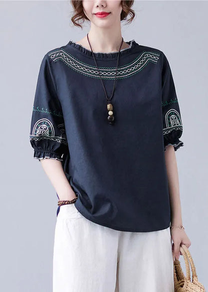 Navy Original Design Ruffled Embroideried Cotton Top Lantern Sleeve