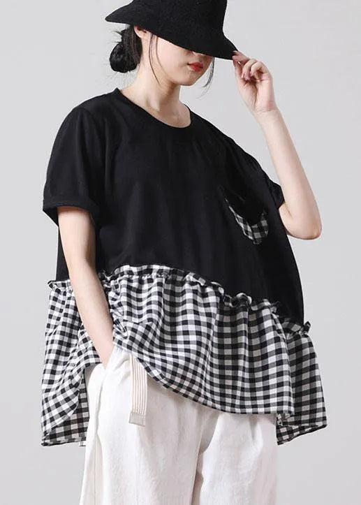 Fine Black Patchwork Asymmetrical Design Ruffled Cotton Short Sleeve Summer Shirt Top