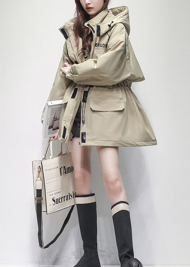 Coffee Hooded Pockets Drawstring Warm Fleece Jacket Winter