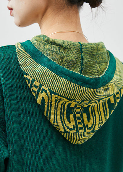 Green Hooded Patchwork Lace Knit Vacation Dresses Spring