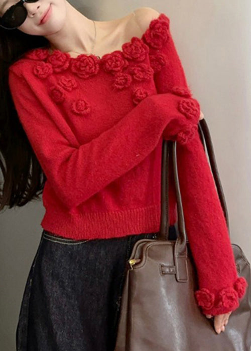 Red Patchwork Knit Sweater Asymmetrical Winter