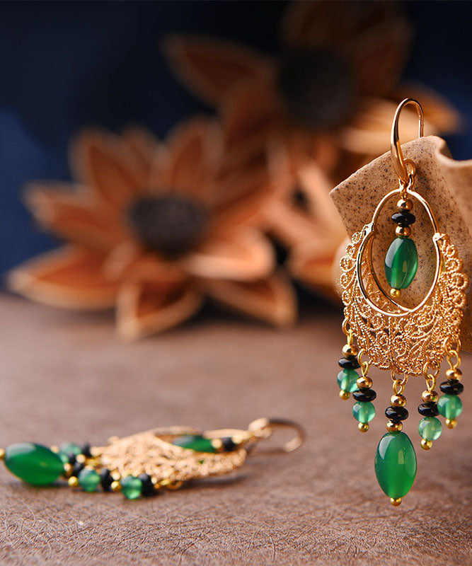Green Agate Tassel 14k Gold Drop Earrings