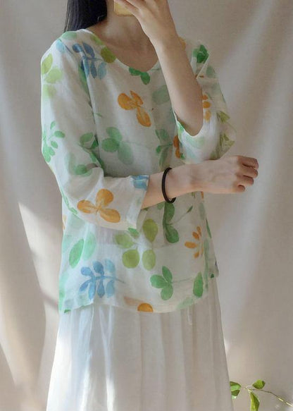 Classy O Neck Blouses for Shape Green Leaf Print Shirts