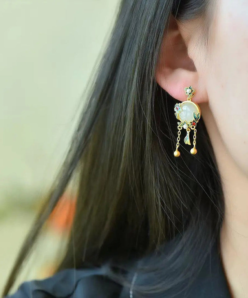 Modern Green Sterling Silver Inlaid Hetian Jade Agate Pearl Drop Earrings