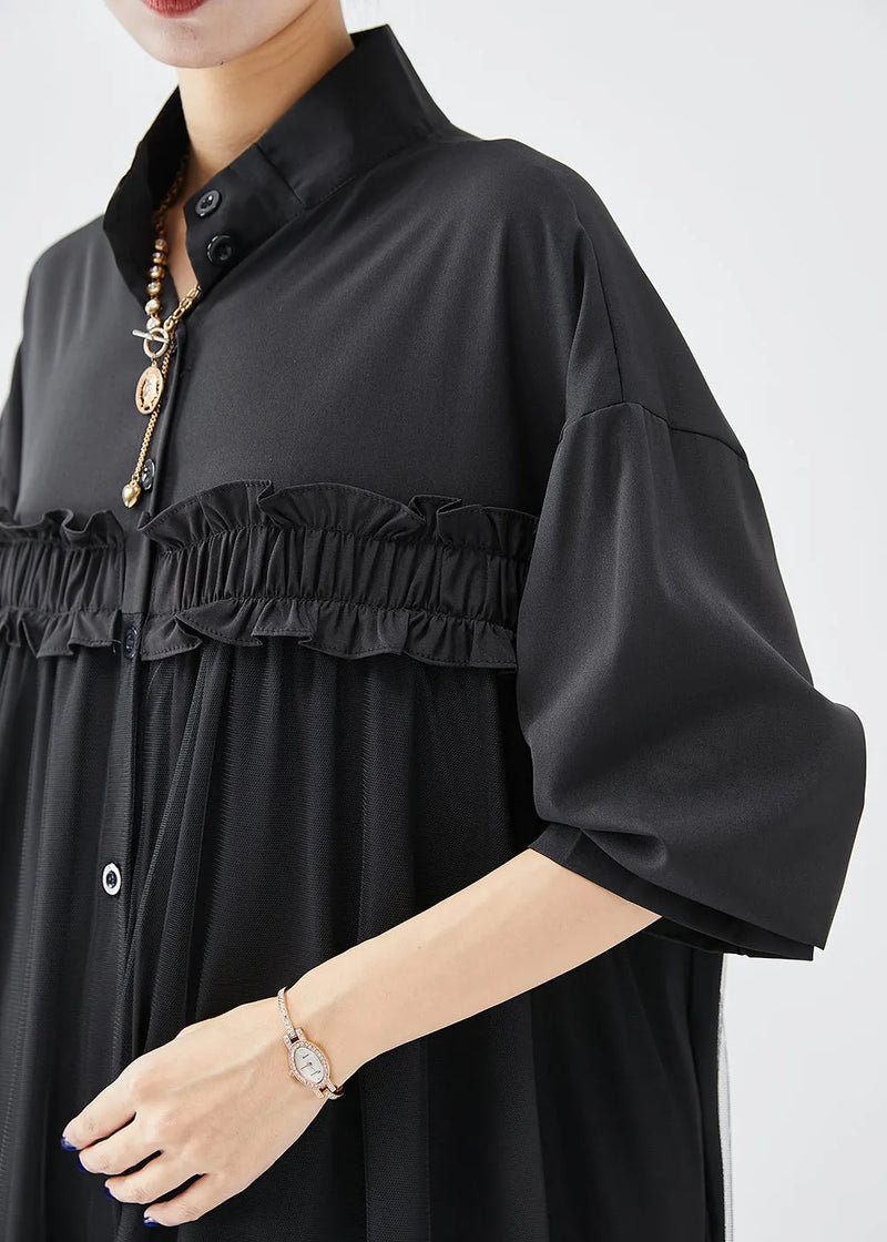 Diy Black Stand Collar Ruffled Cotton Vacation Dresses Fall
