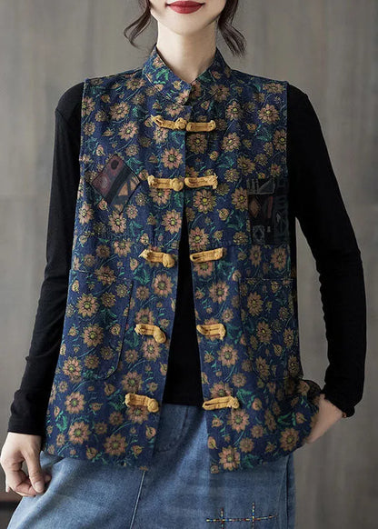 Navy Print Cotton Vest Tops Stand Collar Oriental Button Sleeveless