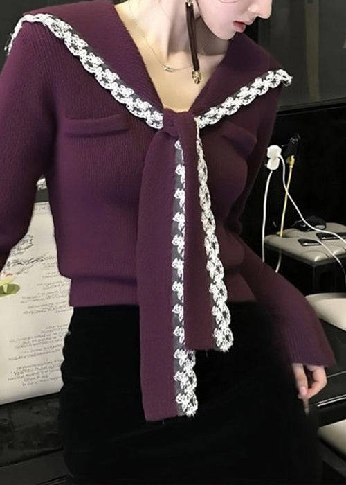 Purple Sailor Collar Lace Patchwork Knit Sweater Winter