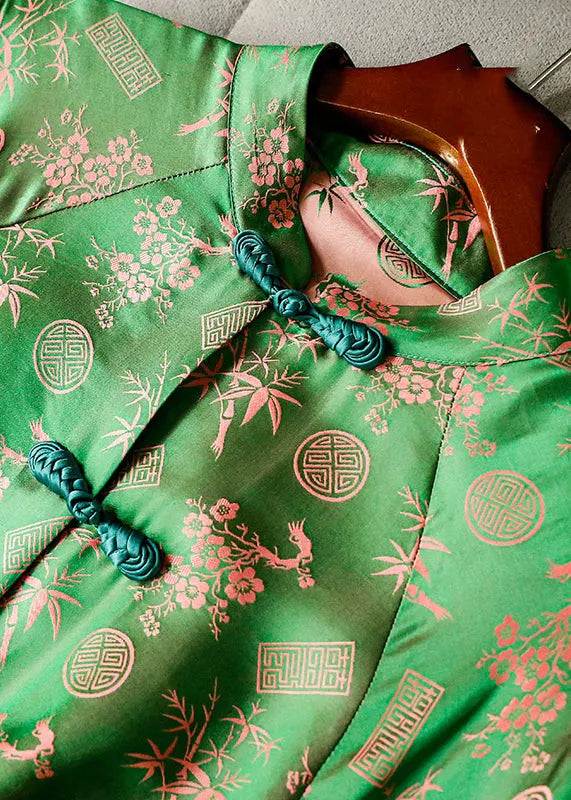 Green Stand Collar Button Print Silk Shirt Tops Long Sleeve