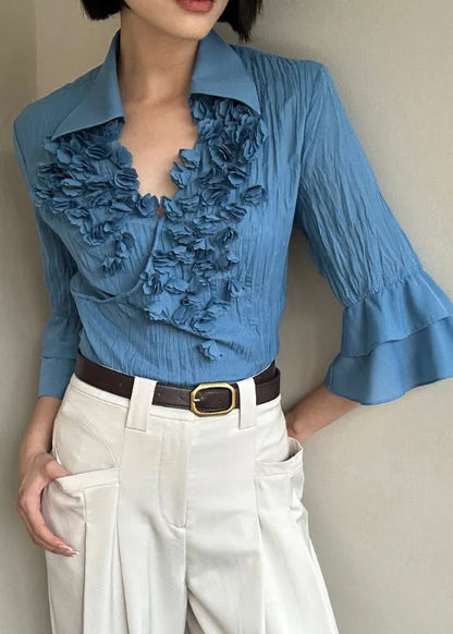 Blue Cotton Shirt Top Peter Pan Collar Flare Sleeve