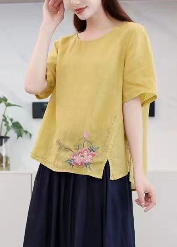 Boutique Orange O-neck Embroideried Low High Design Ramie T Shirt Summer