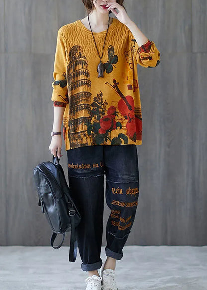 Fitted Yellow O-neck Loose Print Fall Knit Sweaters