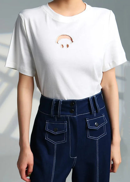 White O Neck Hollow Out Cotton T Shirts Summer