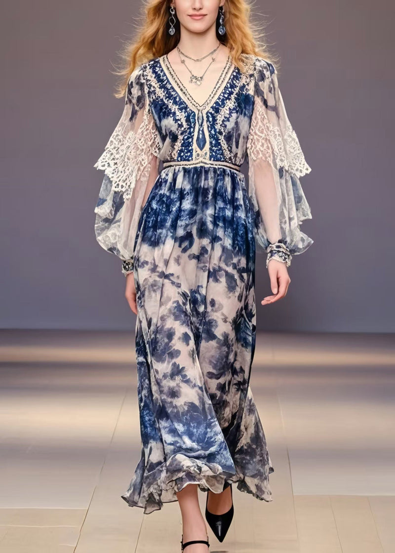 Navy Print Chiffon Party Dress Lantern Sleeve Spring