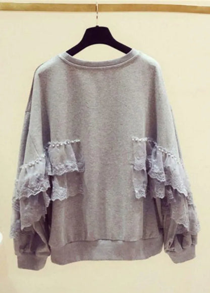 Loose Grey Pearl Lace Patchwork Cotton Spring
