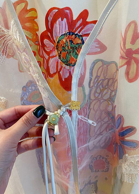 New Beige Tulle Waistcoat and Print T Shirt Two Pieces Set Summer