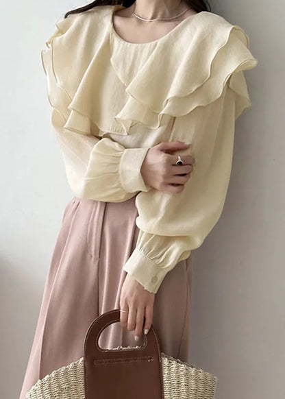 Art Beige Original Design Layered Cotton Blouses Fall