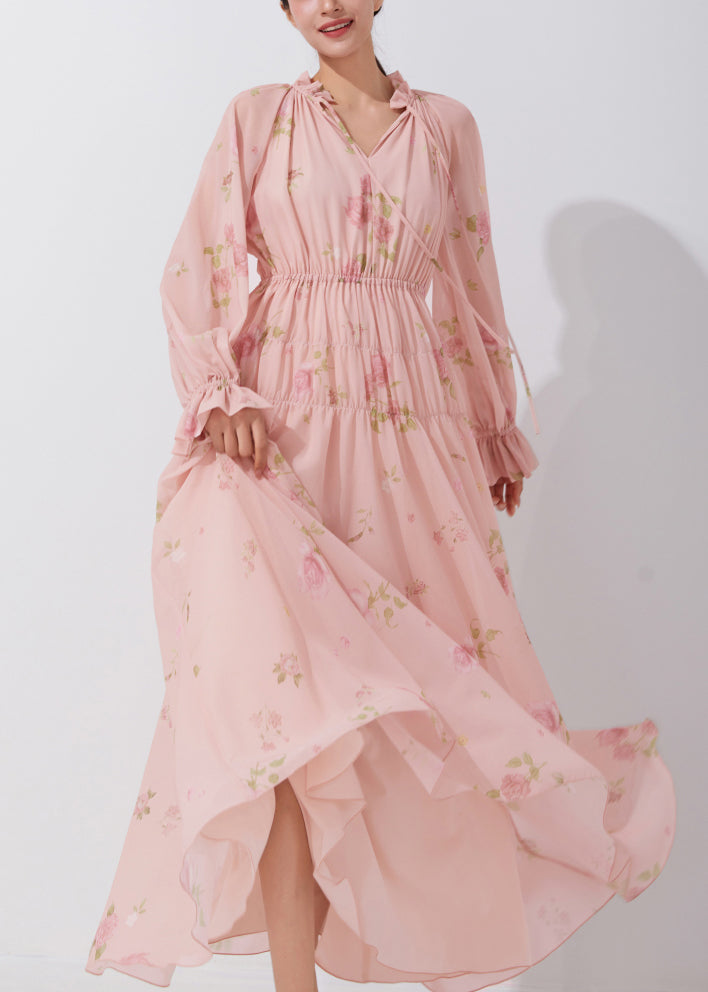Pink Ruffled Print Lace Up Chiffon Dress Fall