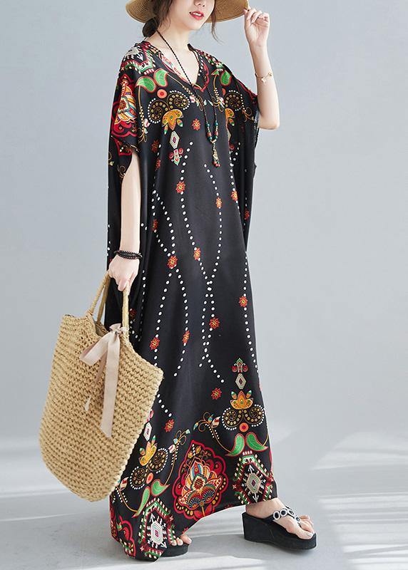 Modern V Neck Spring Clothes Wardrobes Black Print Maxi Dress