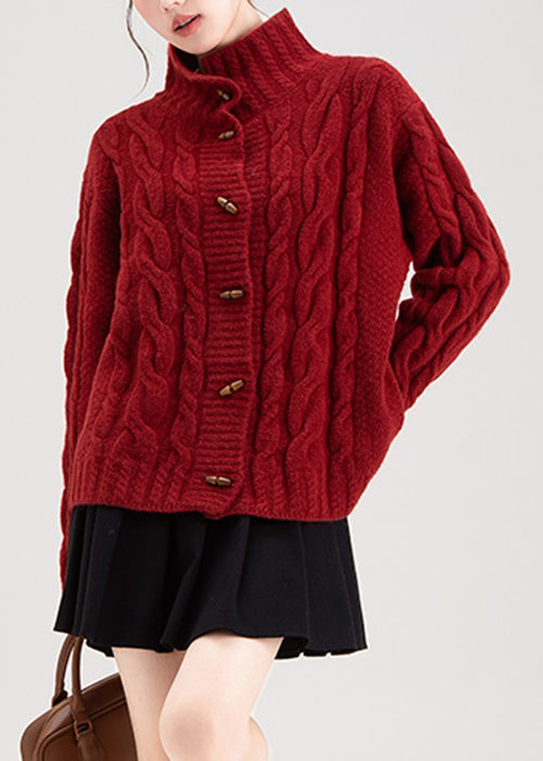 Red Stand Collar Button Cable Knit Coat Winter