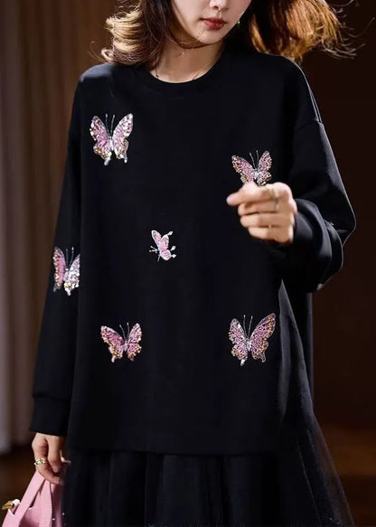 Unique Black O-neck Butterfly Embroidered Pullover Spring
