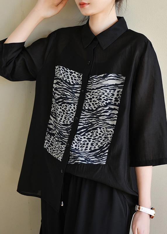 Fitted Black Striped Patchwork Blouses Half Sleeve Spring