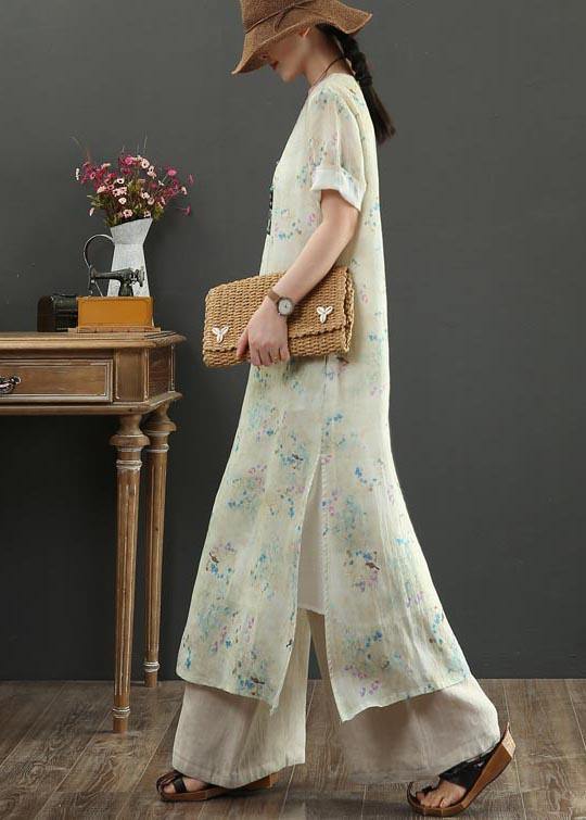 Boutique Khaki Print Side Open Vacation Summer Linen Dress