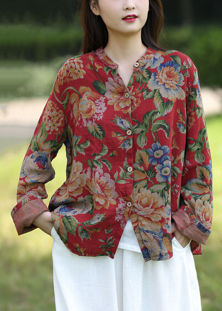 Red Print O-neck Cotton Shirt Top Spring
