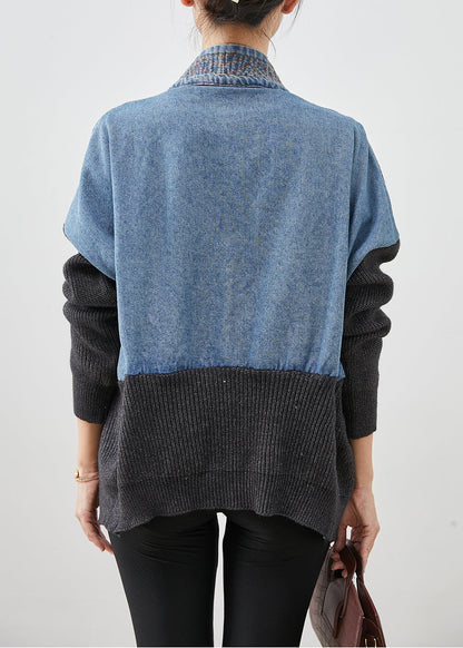 Blue Oversized Patchwork Knit Denim Loose Coat Fall