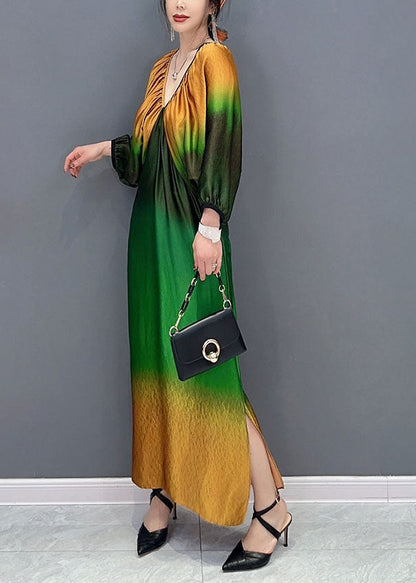 Modern Colorblock V Neck Wrinkled Print Silk Dresses Spring