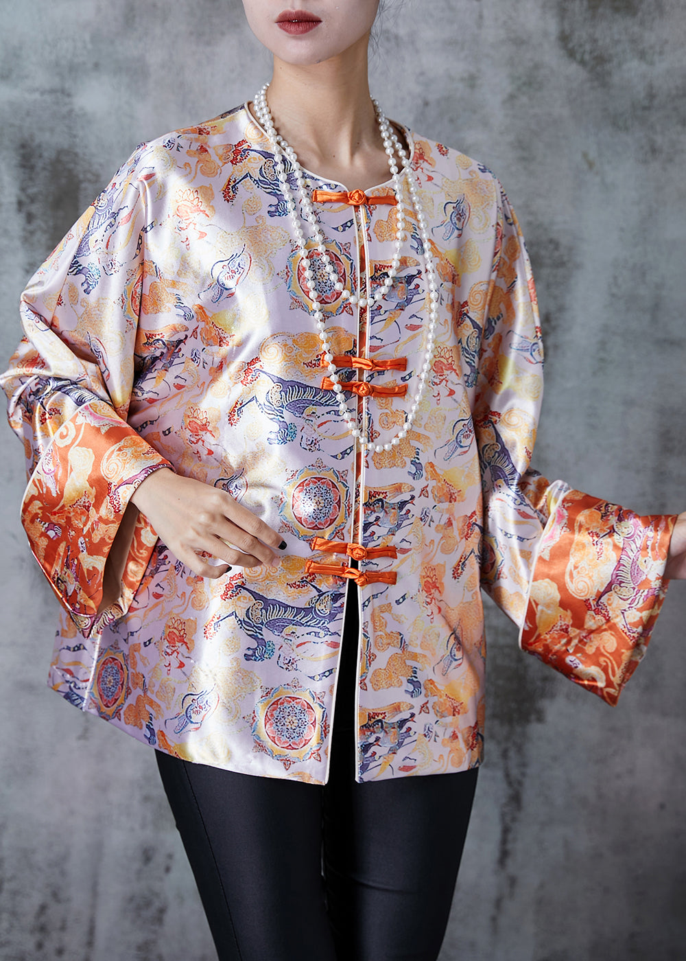 Apricot Oversized Print Silk Oriental Coats Spring